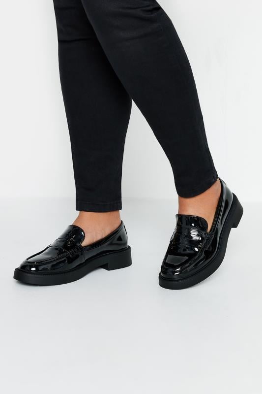 evans Yours Black Patent Chunky Slip On Loafers In Wide E Fit & Extra Wide EEE Fit