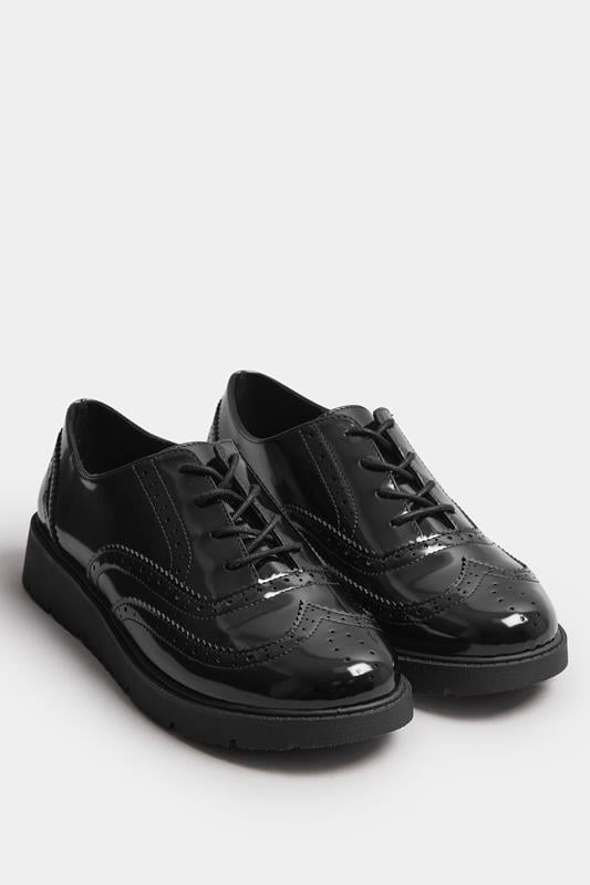 Evans Yours Black Patent Lace Up Brogue Flats In Extra Wide EEE Fit