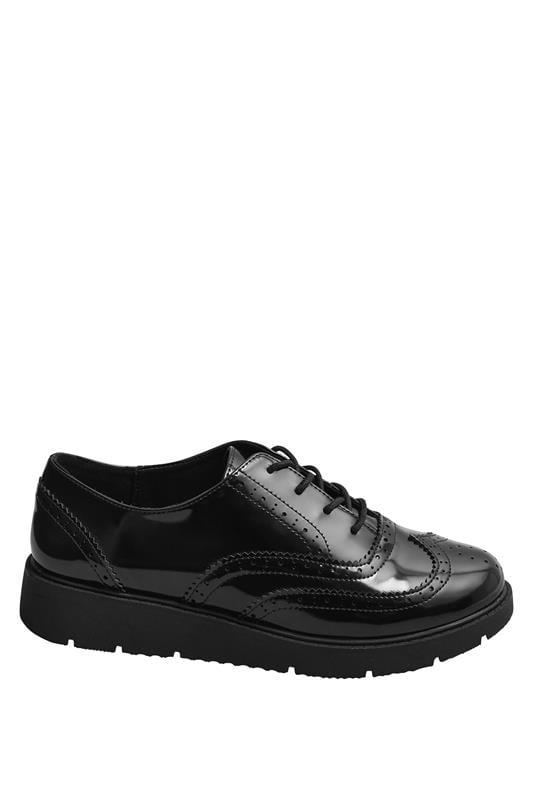 Evans Yours Black Patent Lace Up Brogue Flats In Extra Wide EEE Fit