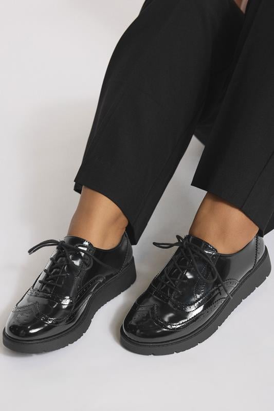 evans Yours Black Patent Lace Up Brogue Flats In Extra Wide EEE Fit