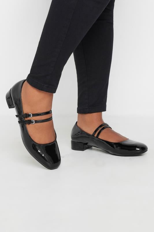 evans Yours Black Patent Low Block Mary Jane Shoes In Extra Wide EEE Fit