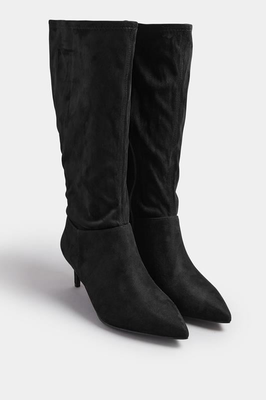 Evans Yours Black Pointed Toe Kitten Heel Boots In Extra Wide EEE Fit