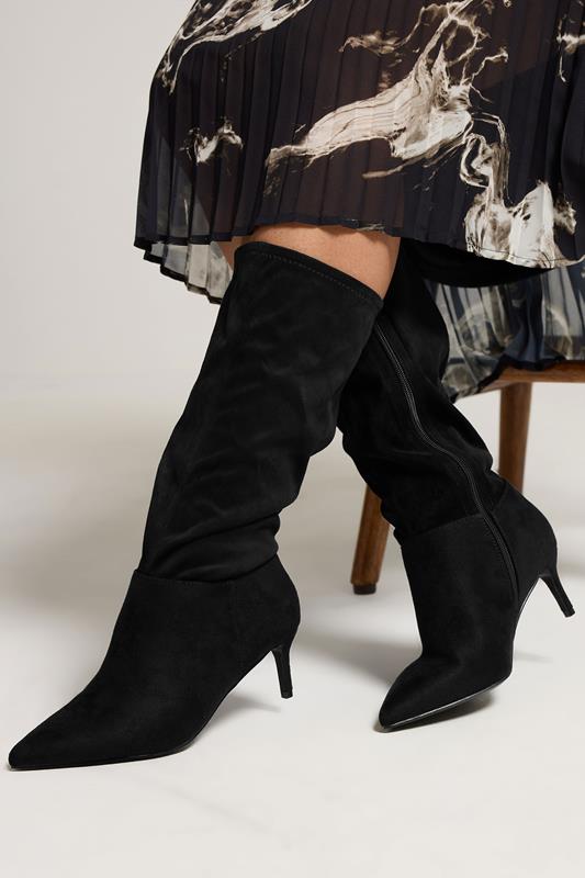evans Yours Black Pointed Toe Kitten Heel Boots In Extra Wide EEE Fit