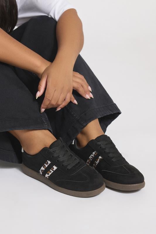 evans Yours Black Retro Leopard Stripe Trainers In Extra Wide EEE Fit