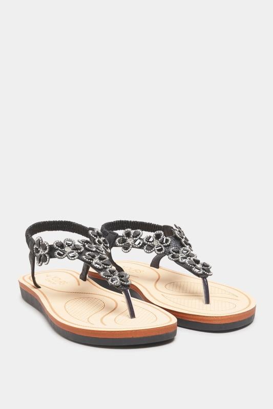 Evans Yours Black Shimmer Diamante Flower Sandals In Wide E Fit & Extra Wide EEE Fit
