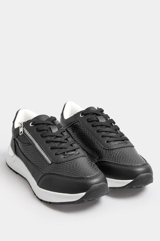 Evans Yours Black & Silver Zip Detail Trainers In Wide E Fit