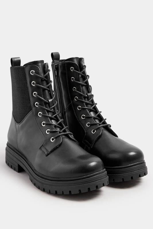 Evans Yours Black Stretch Panel Lace Up Chunky Boots In Wide E Fit & Extra Wide EEE Fit