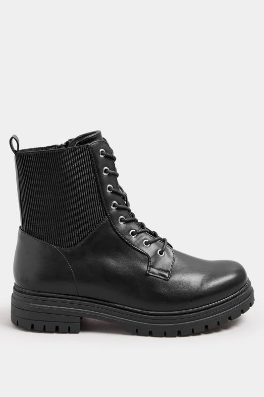 Evans Yours Black Stretch Panel Lace Up Chunky Boots In Wide E Fit & Extra Wide EEE Fit