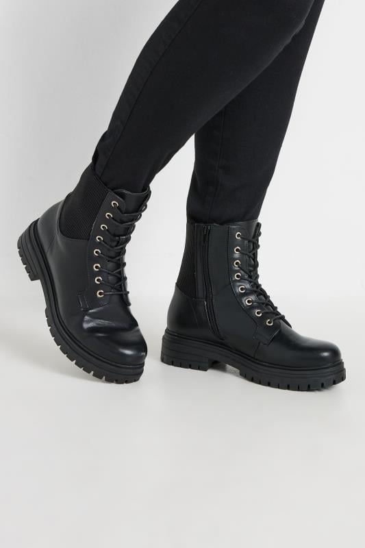 evans Yours Black Stretch Panel Lace Up Chunky Boots In Wide E Fit & Extra Wide EEE Fit