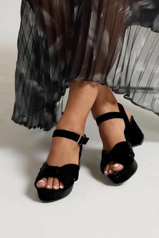 evans Yours Black Velvet Bow Strap Platform Heels In Extra Wide Fit