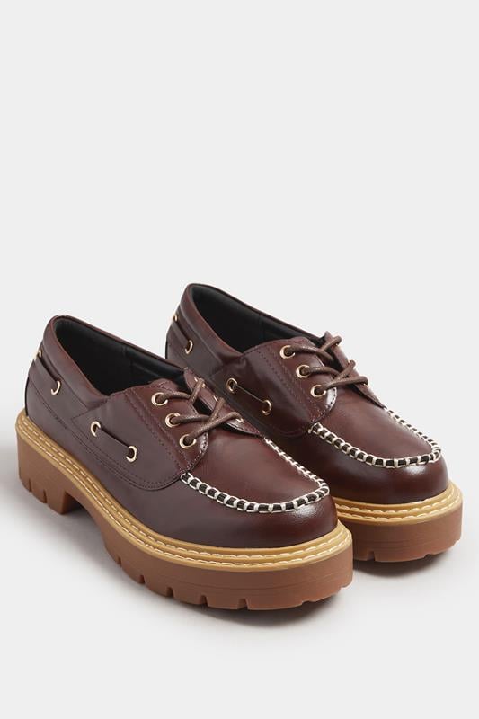 Evans Yours Brown Chunky Lace Up Boat Shoes In Extra Wide EEE Fit