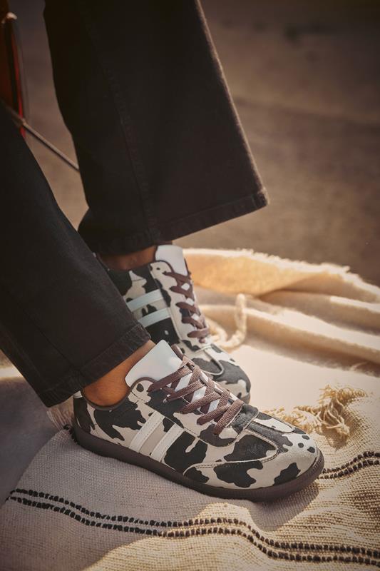 evans Yours Brown Cow Print Retro Stripe Trainers In Extra Wide EEE Fit