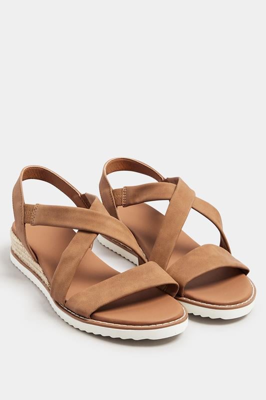 Evans Yours Brown Cross Over Strappy Wedge Sandals In Wide E & Extra Wide EEE Fit