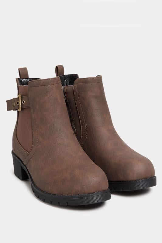 Evans Yours Brown Faux Leather Buckle Ankle Boots In Wide E Fit & Extra Wide EEE Fit