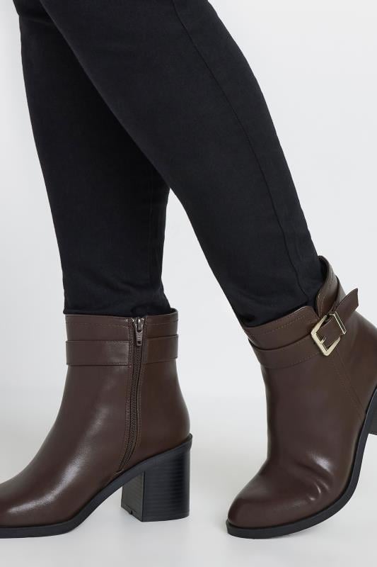 evans Yours Brown Faux Leather Buckle Detail Ankle Boots In Extra Wide EEE Fit