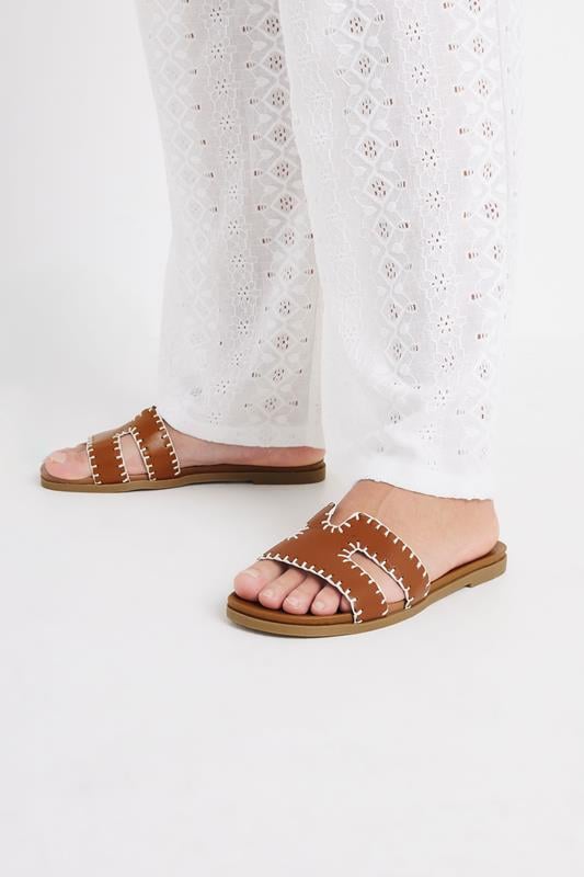 Evans Yours Brown Faux Leather Stitched Mule Sandals In Extra Wide EEE Fit