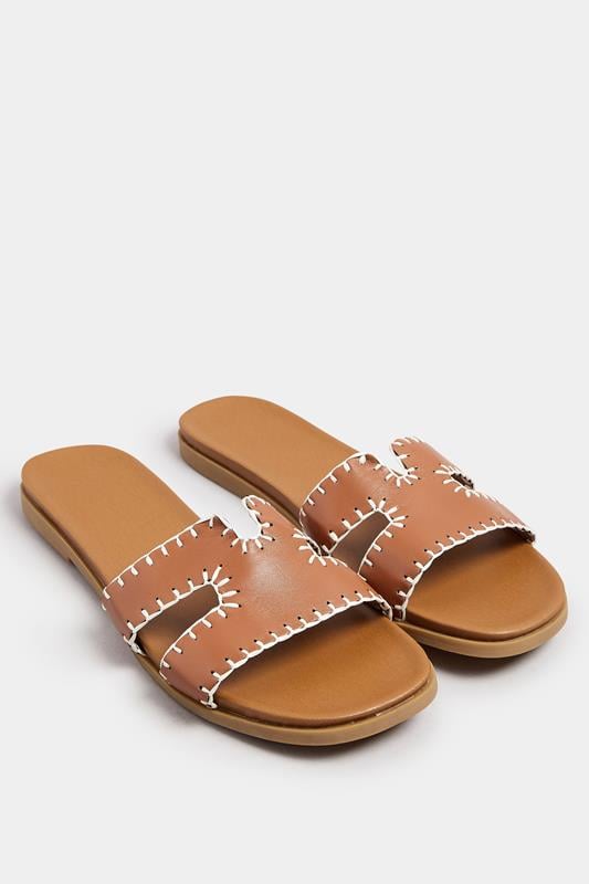 Evans Yours Brown Faux Leather Stitched Mule Sandals In Extra Wide EEE Fit