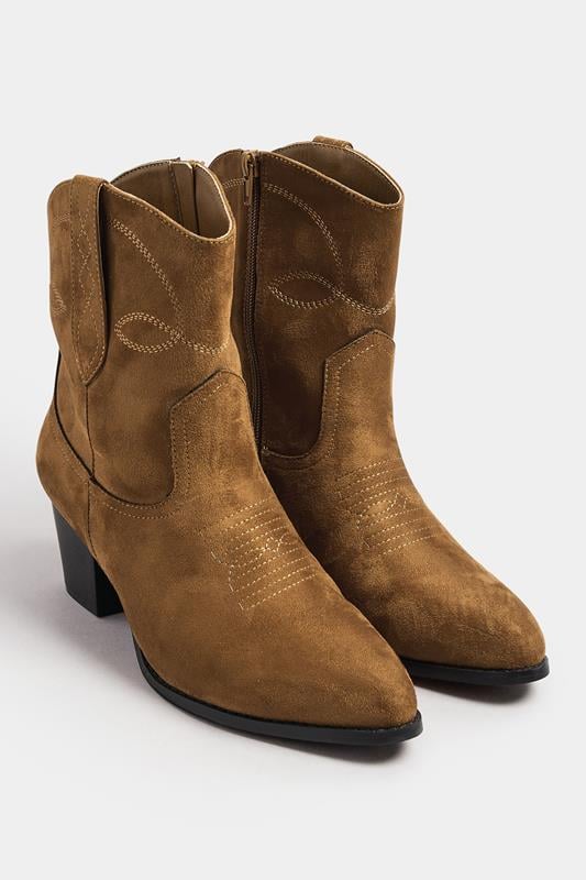Evans Yours Brown Faux Suede Contrast Stitch Western Heel Ankle Boots In Extra Wide EEE Fit