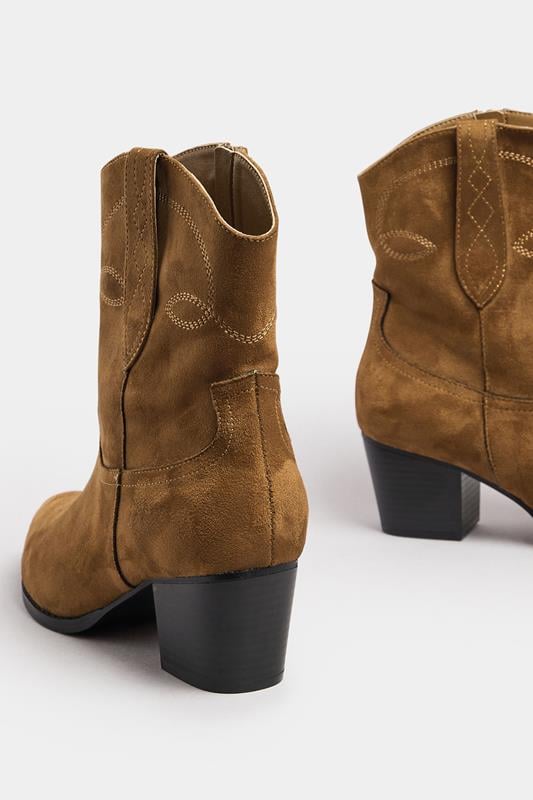Evans Yours Brown Faux Suede Contrast Stitch Western Heel Ankle Boots In Extra Wide EEE Fit