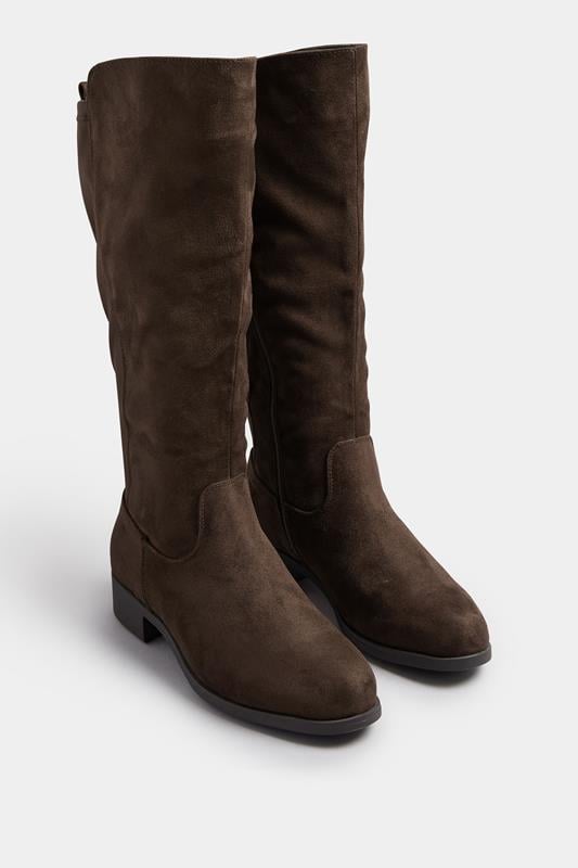 Evans Yours Brown Faux Suede Stretch Knee High Boots In Wide E Fit & Extra Wide EEE Fit