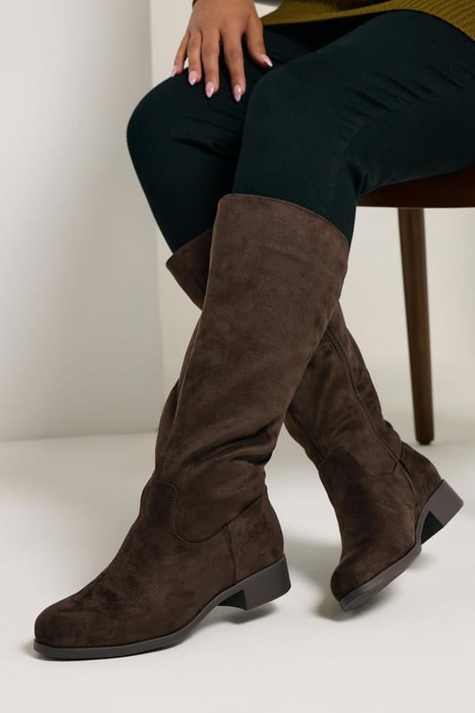 evans Yours Brown Faux Suede Stretch Knee High Boots In Wide E Fit & Extra Wide EEE Fit