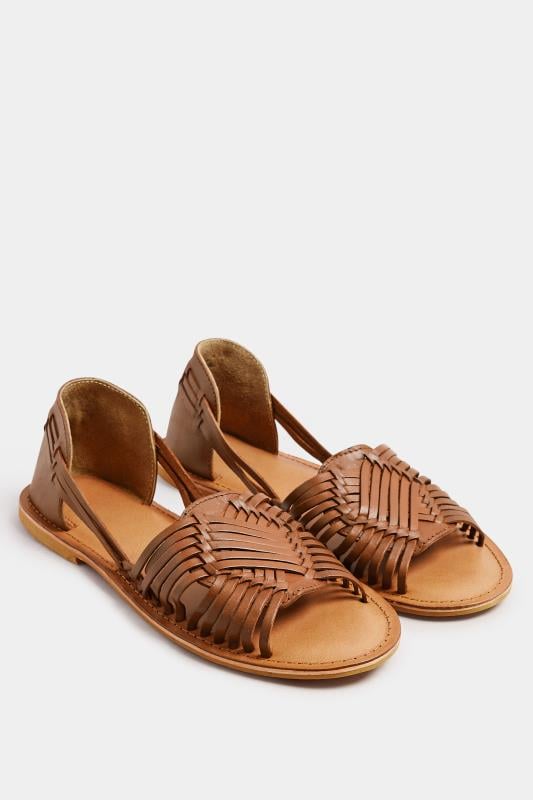 Evans Yours Brown Leather Woven Flat Sandals In Wide E Fit & Extra Wide EEE Fit
