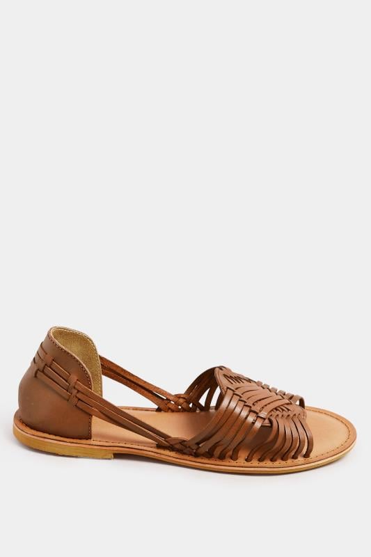 Evans Yours Brown Leather Woven Flat Sandals In Wide E Fit & Extra Wide EEE Fit