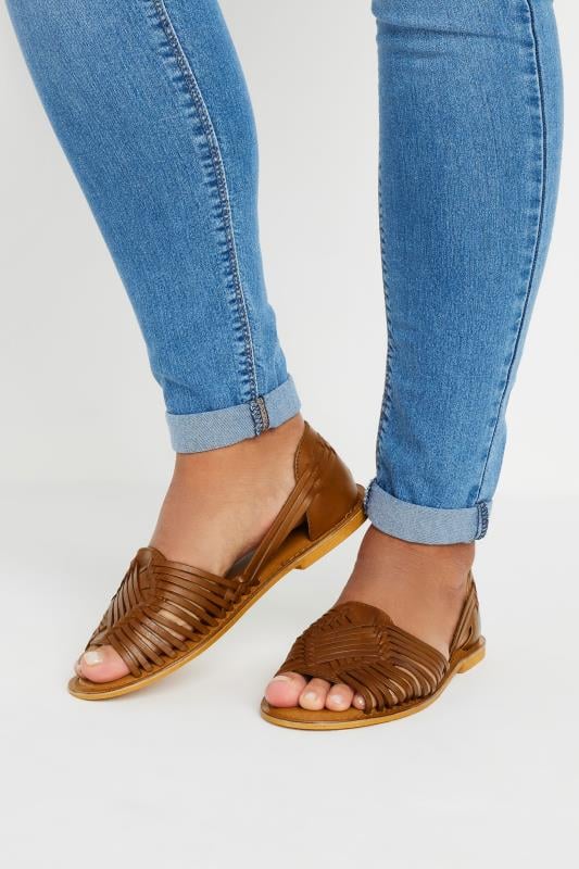 evans Yours Brown Leather Woven Flat Sandals In Wide E Fit & Extra Wide EEE Fit
