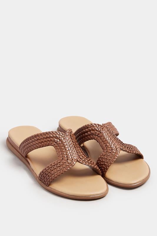 Evans Yours Brown Leather Woven Wedge Mule Sandals In Extra Wide EEE Fit