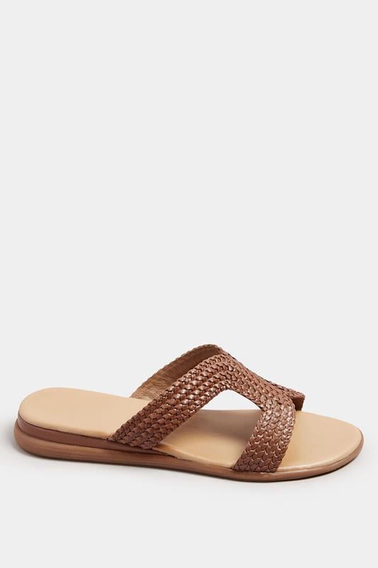 Evans Yours Brown Leather Woven Wedge Mule Sandals In Extra Wide EEE Fit