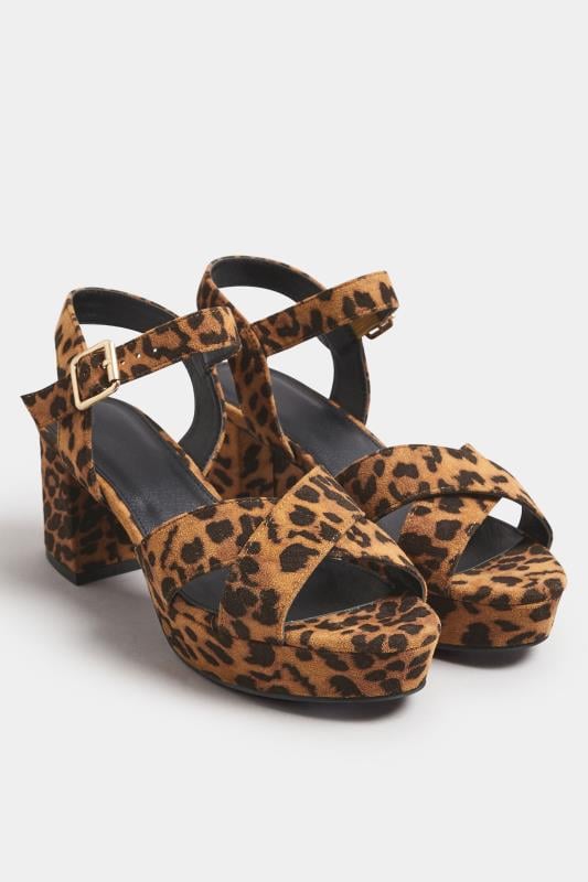 Evans Yours Brown Leopard Print Cross Over Strap Heels In Extra Wide EEE Fit