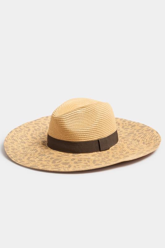 Evans Yours Brown Leopard Print Wide Brim Straw Hat