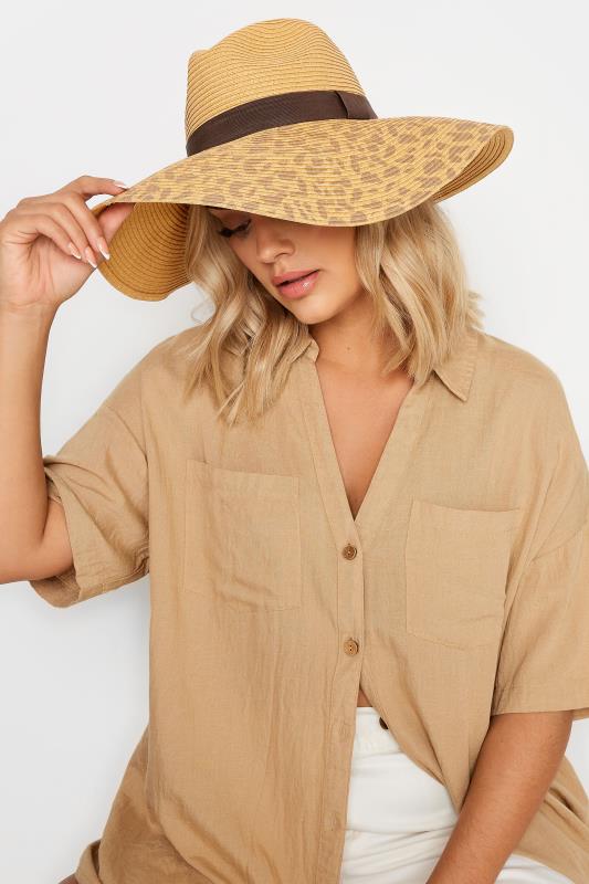 evans Yours Brown Leopard Print Wide Brim Straw Hat