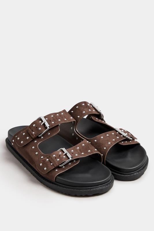 Evans Yours Brown Studded Buckle Strap Sandals In Extra Wide EEE Fit
