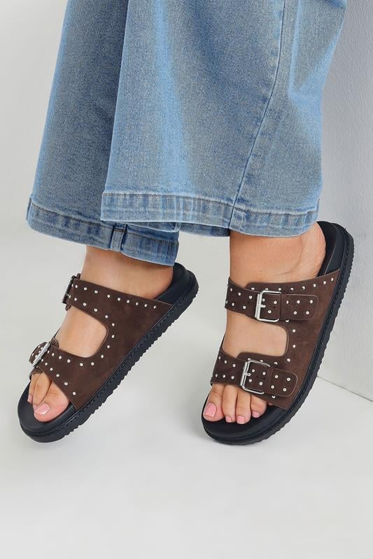 evans Yours Brown Studded Buckle Strap Sandals In Extra Wide EEE Fit