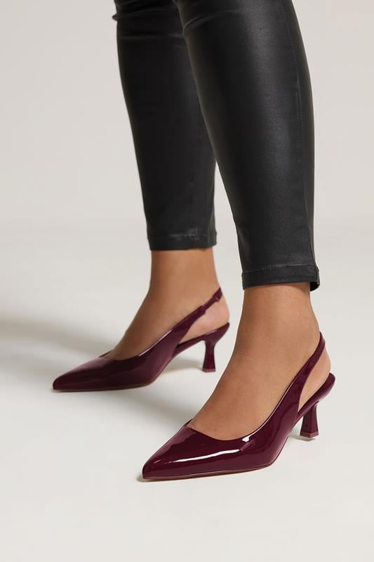 evans Yours Burgundy Red Patent Slingback Kitten Heels In Extra Wide EEE Fit