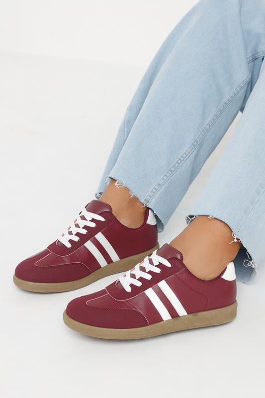 evans Yours Burgundy Red Retro Stripe Trainers In Extra Wide EEE Fit