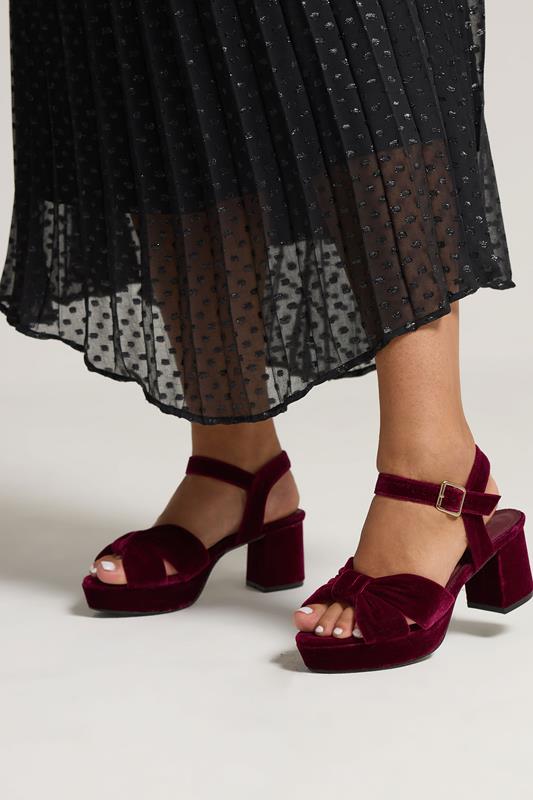 Evans Yours Burgundy Red Velvet Bow Strap Platform Heels In Extra Wide Fit