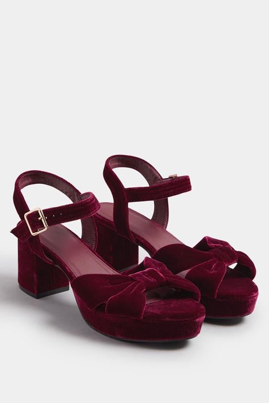 Evans Yours Burgundy Red Velvet Bow Strap Platform Heels In Extra Wide Fit