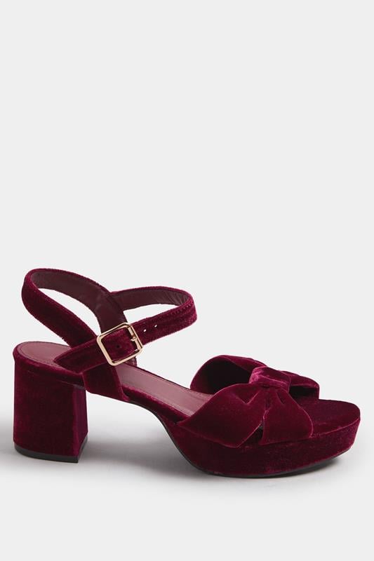 Evans Yours Burgundy Red Velvet Bow Strap Platform Heels In Extra Wide Fit