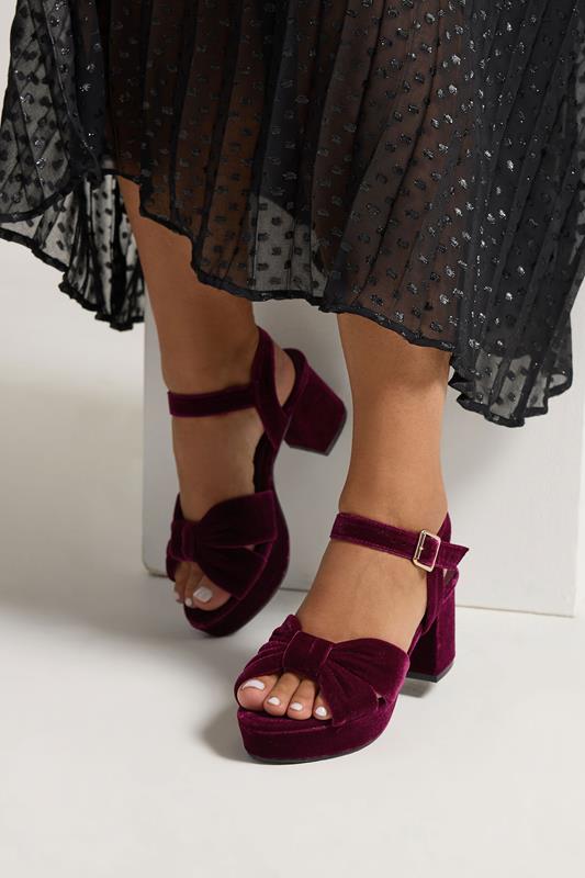 evans Yours Burgundy Red Velvet Bow Strap Platform Heels In Extra Wide Fit