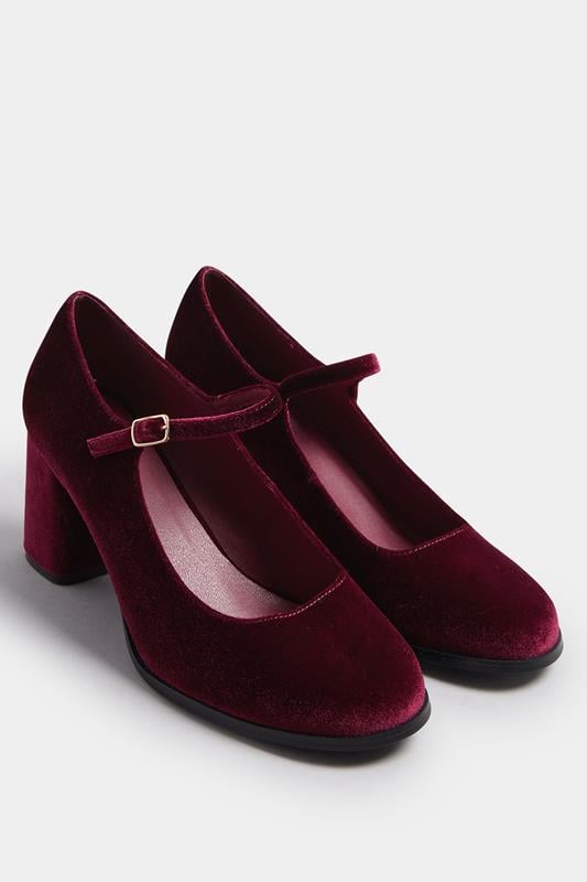 Evans Yours Burgundy Red Velvet Mary Jane Block Heels In Extra Wide EEE Fit