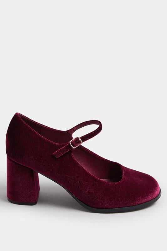 Evans Yours Burgundy Red Velvet Mary Jane Block Heels In Extra Wide EEE Fit