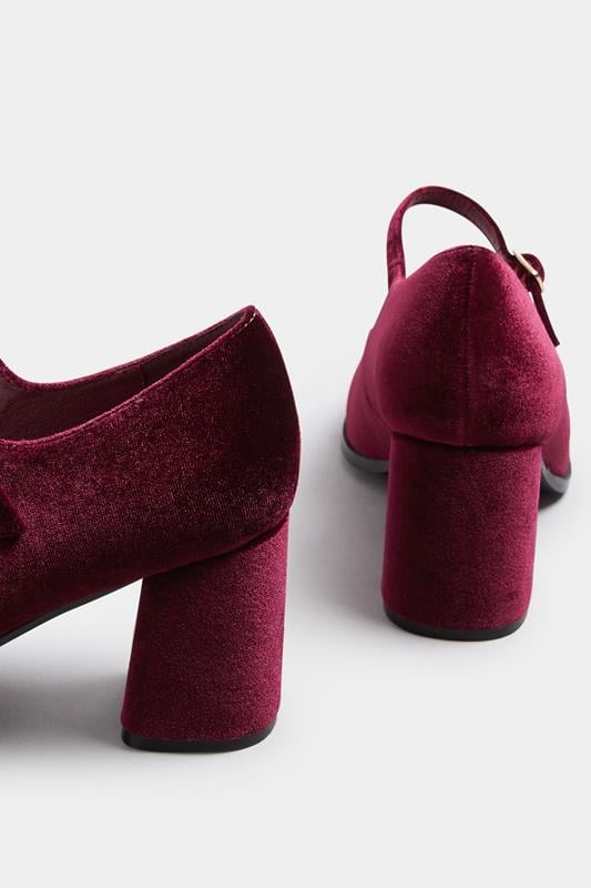 Evans Yours Burgundy Red Velvet Mary Jane Block Heels In Extra Wide EEE Fit