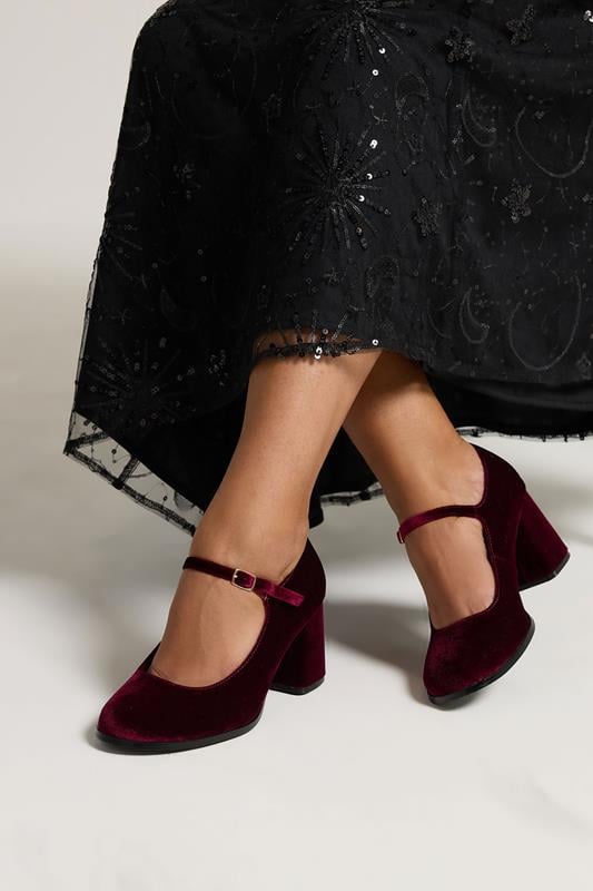 evans Yours Burgundy Red Velvet Mary Jane Block Heels In Extra Wide EEE Fit
