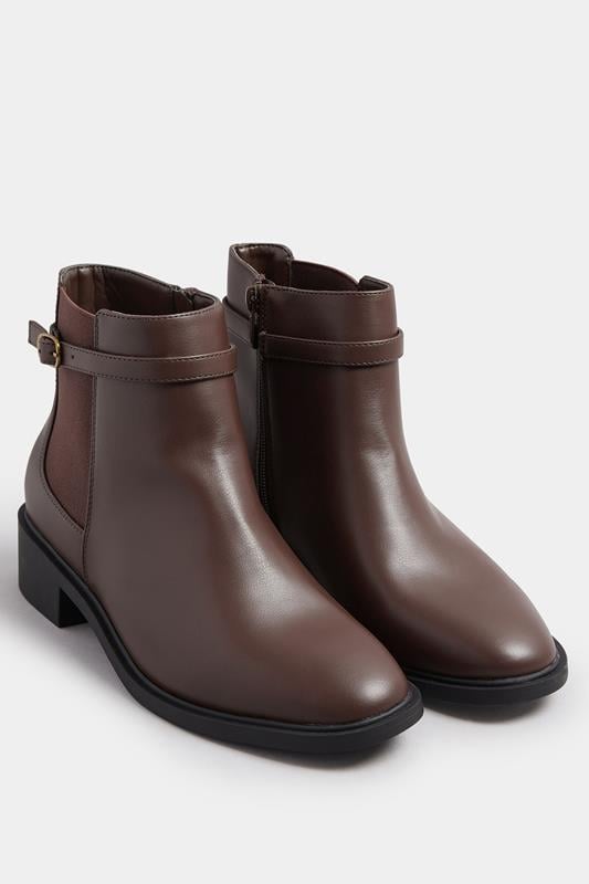 Evans Yours Chocolate Brown Faux Leather Buckle Stretch Ankle Boots In Wide E Fit & Extra Wide EEE Fit