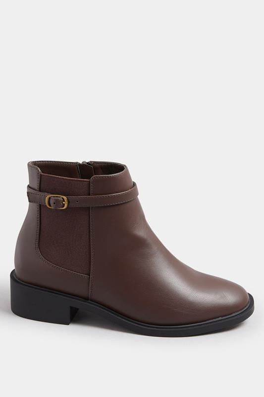 Evans Yours Chocolate Brown Faux Leather Buckle Stretch Ankle Boots In Wide E Fit & Extra Wide EEE Fit