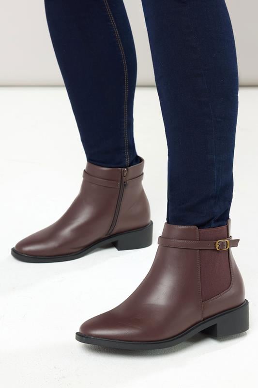 evans Yours Chocolate Brown Faux Leather Buckle Stretch Ankle Boots In Wide E Fit & Extra Wide EEE Fit