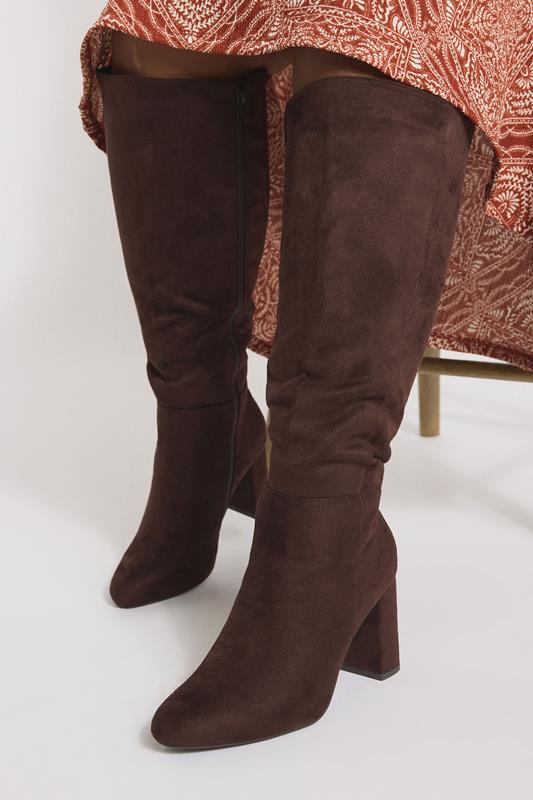 Evans Yours Chocolate Brown Faux Suede Heeled Knee High Boot In Extra Wide EEE Fit