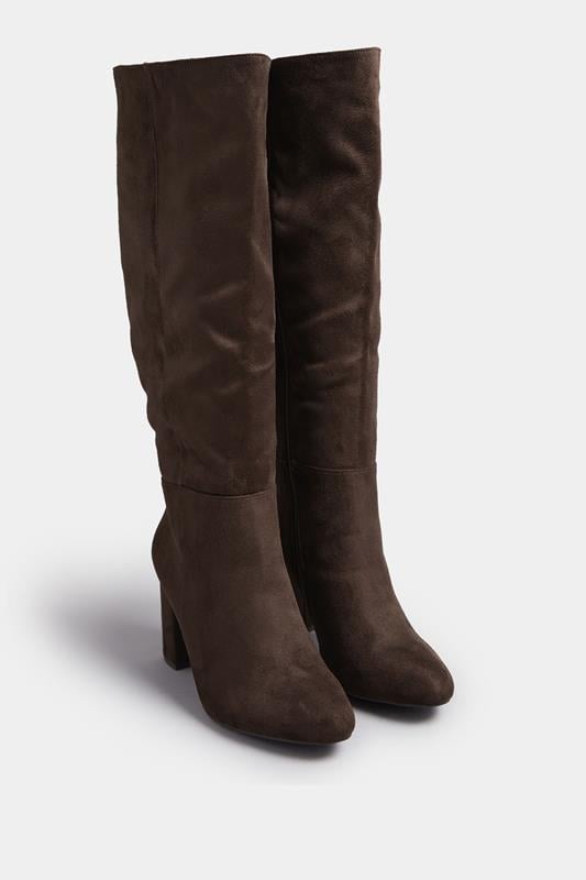 Evans Yours Chocolate Brown Faux Suede Heeled Knee High Boot In Extra Wide EEE Fit